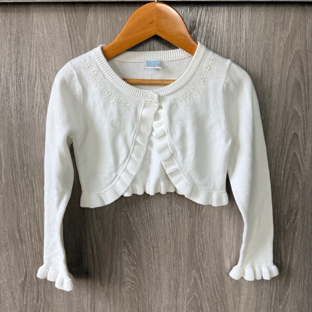 Edgehill Collection Cardigan Girls 4T White Ruffle Floral Embroidered Shrug Crop